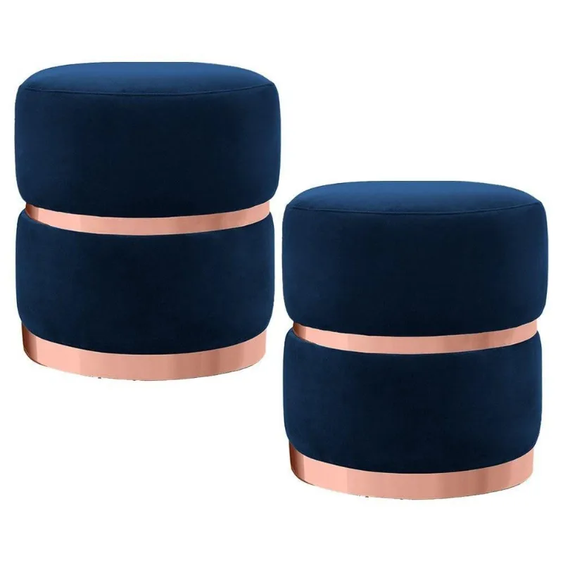 Kit 2 Puffs Cinto e Aro Rosê Round Veludo Azul Marinho Domi