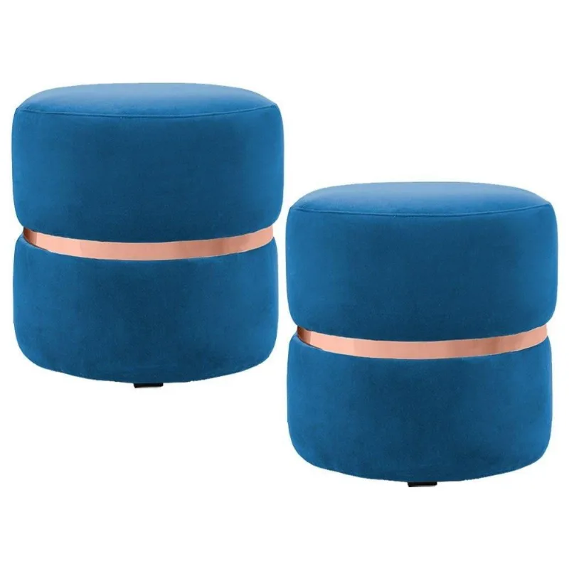 Kit 2 Puffs com Cinto Rosê Round B-170 Veludo Azul Domi
