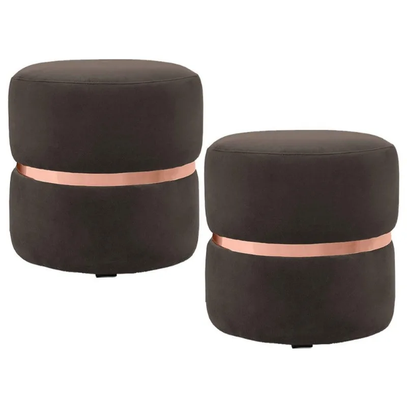 Kit 2 Puffs com Cinto Rosê Round B-261 Veludo Marrom Domi