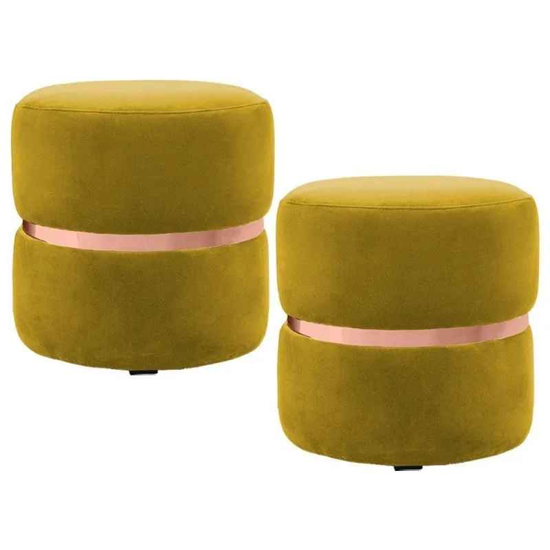 Kit 2 Puffs com Cinto Rosê Round B-279 Veludo Amarelo Domi