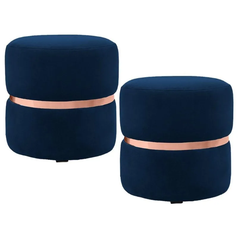 Kit 2 Puffs com Cinto Rosê Round Veludo Azul Marinho Domi