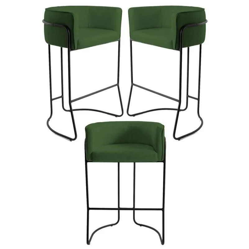 Kit 3 Banquetas Base Aço Preto Betina A-89 Corano Verde - Domi