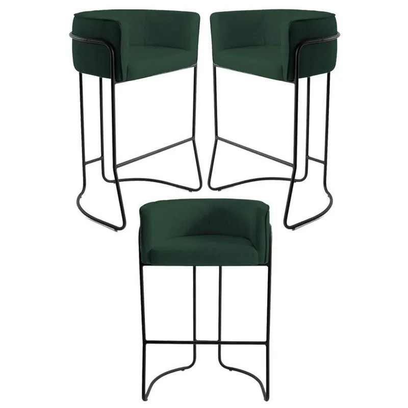 Kit 3 Banquetas Base Aço Preto Betina B-303 Veludo Verde Musgo - Domi