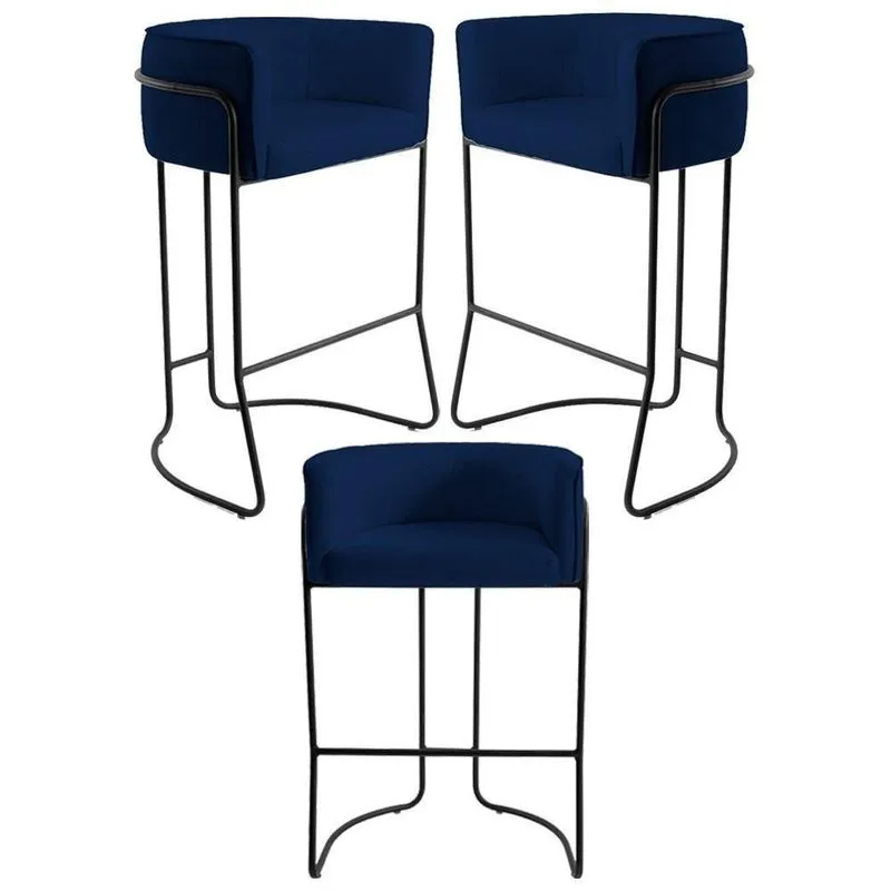 Kit 3 Banquetas Base Aço Preto Betina B-304 Veludo Azul Marinho - Domi