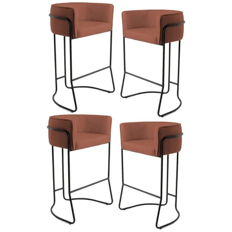 Kit 4 Banquetas Base Aço Preto Betina Linho Laranja Domi