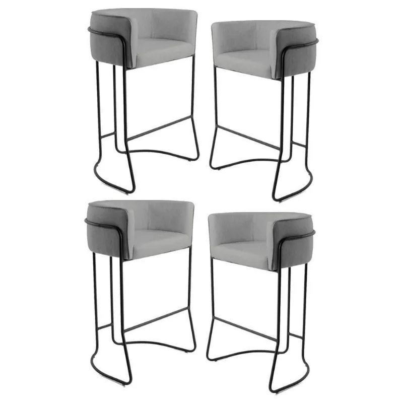 Kit 4 Banquetas Decorativas Base Aço Preto Betina C-416 Linho Cinza Escuro - Domi