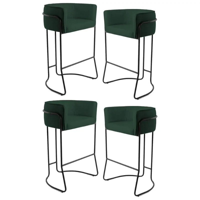 Kit 4 Banquetas Base Aço Preto Betina Linho Verde Musgo Domi