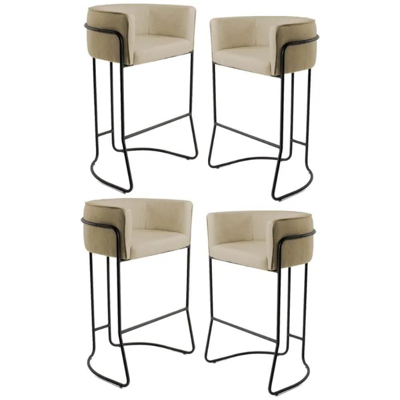 Kit 4 Banquetas Decorativas Base Aço Preto Betina C-129 Linho Bege Lã - Domi