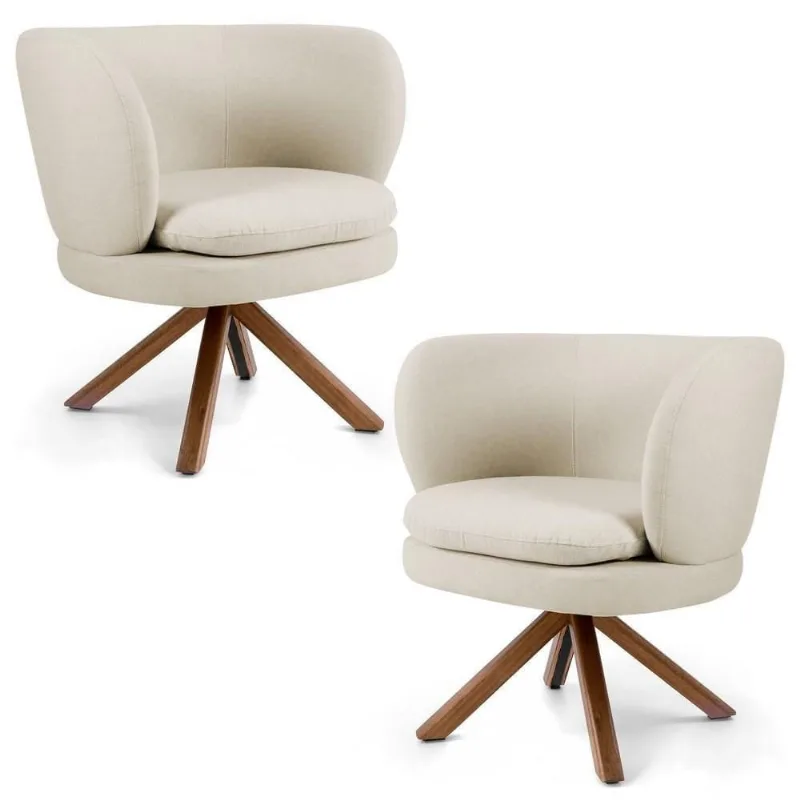 Kit 02 Poltronas Decorativas Melissa Base Giromad Giratória C-107 Linho Bege - Domi