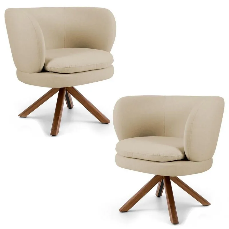 Kit 02 Poltronas Decorativas Melissa Base Giromad Giratória C-129 Linho Bege Escuro - Domi