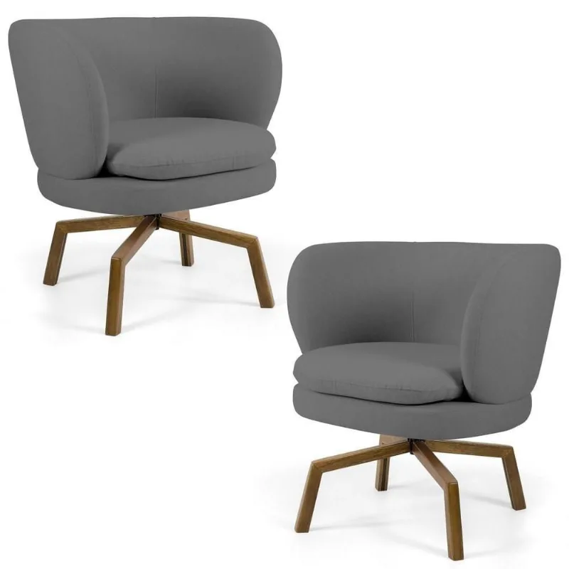 Kit 2 Poltronas Decorativas Melissa Base Ka Giratória Castanho Veludo C-317 Cinza - Domi