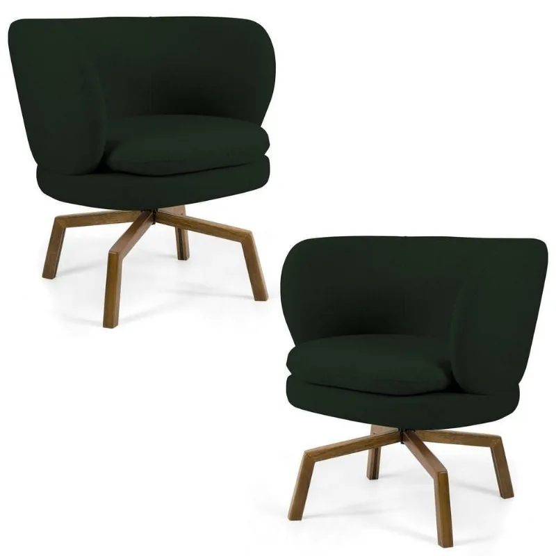 Kit 2 Poltronas Decorativas Melissa Base Ka Giratória Castanho Veludo C-303 Verde Musgo - Domi
