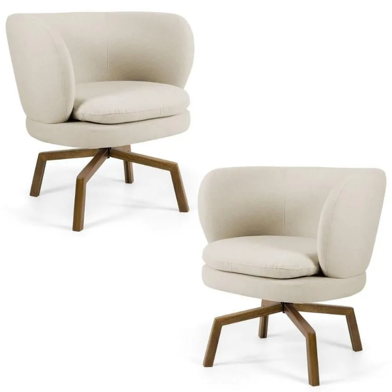 Kit 02 Poltronas Decorativas Melissa Base Ka Giratória Castanho C-107 Linho Bege - Domi