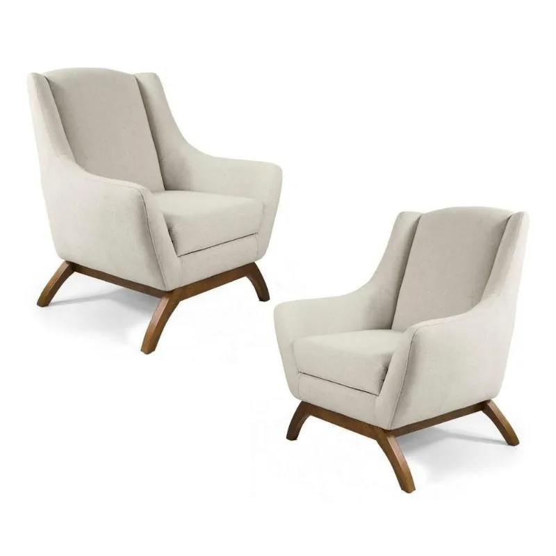 Kit 02 Poltronas Decorativas Juliet Base De Madeira B-370 Linho Bege Cru - Domi