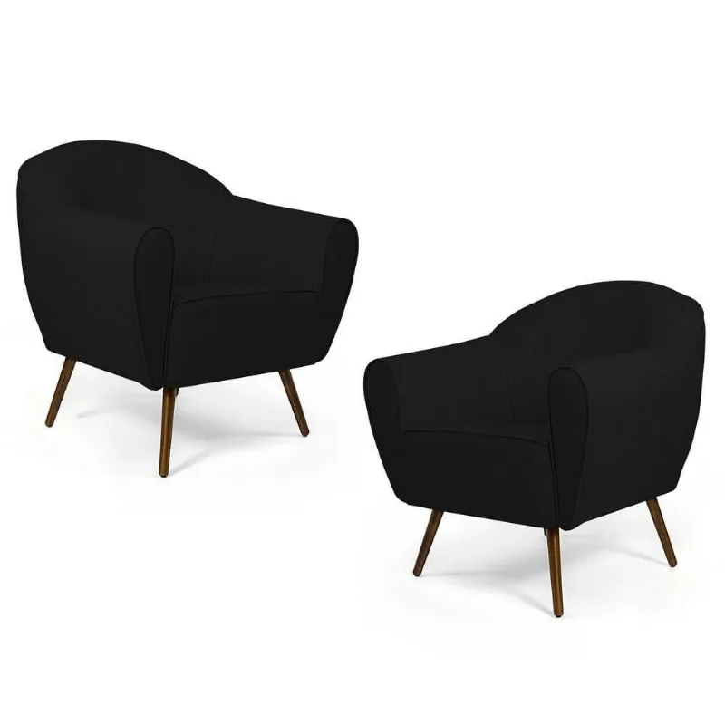 Kit 2 Poltronas Decorativas Pés Palito Madeira Nina C-300 Veludo Preto - Domi