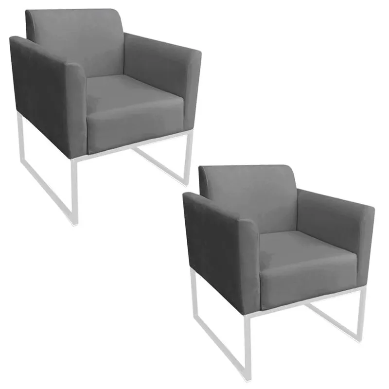 Kit 2 Poltronas Decorativas Base Industrial Branco Maressa S08 Suede Grafite - Ibiza