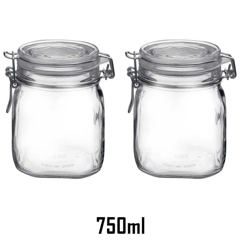 2 Potes de vidro quadrado 750ml Fido Rocco Bormioli hermético transparente com tampa para armazenamento de alimentos