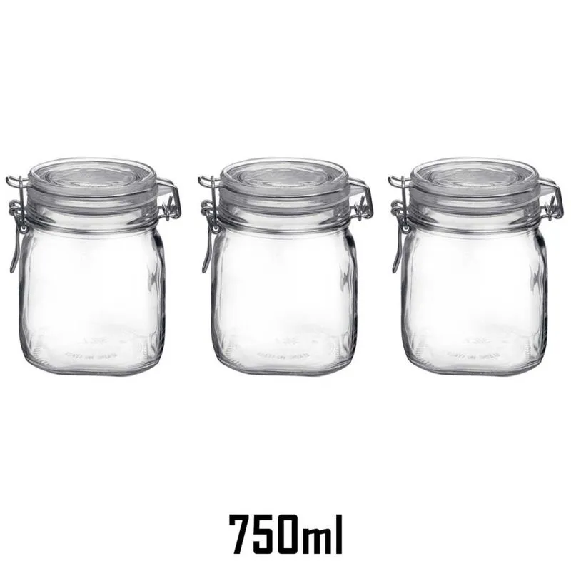 3 Potes de vidro 750ml Fido Rocco Bormioli hermético transparente com tampa para armazenamento de alimentos