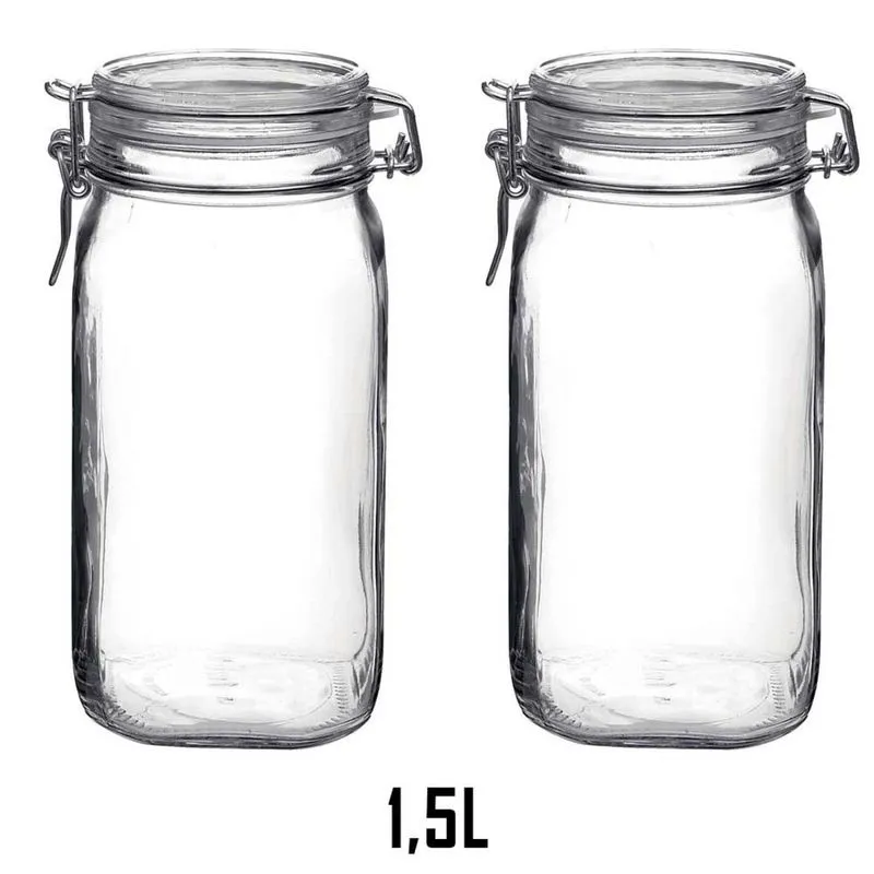 2 Potes hermético grande 1,5 Litro (1500ml) Fido Rocco Bormioli de vidro transparente com tampa para armazenamento de alimentos