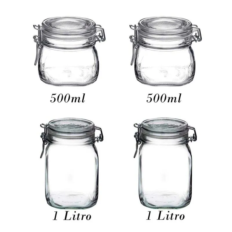4 Potes de vidro hermético com tampa Fido Rocco Bormioli - 2 500ml + 2 1000ml (1 Litro) para armazenamento