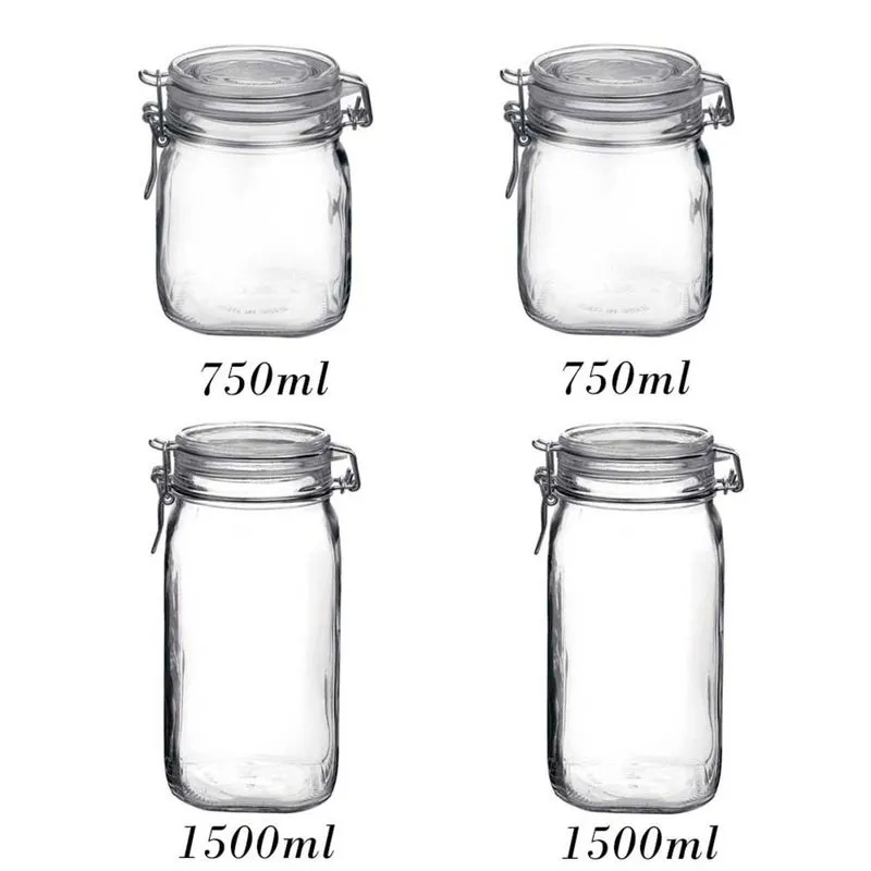 4 Potes Fido Rocco Bormioli de vidro com tampa hermética - 2 750ml + 2 1500ml (1,5 Litro) para armazenamento de alimento