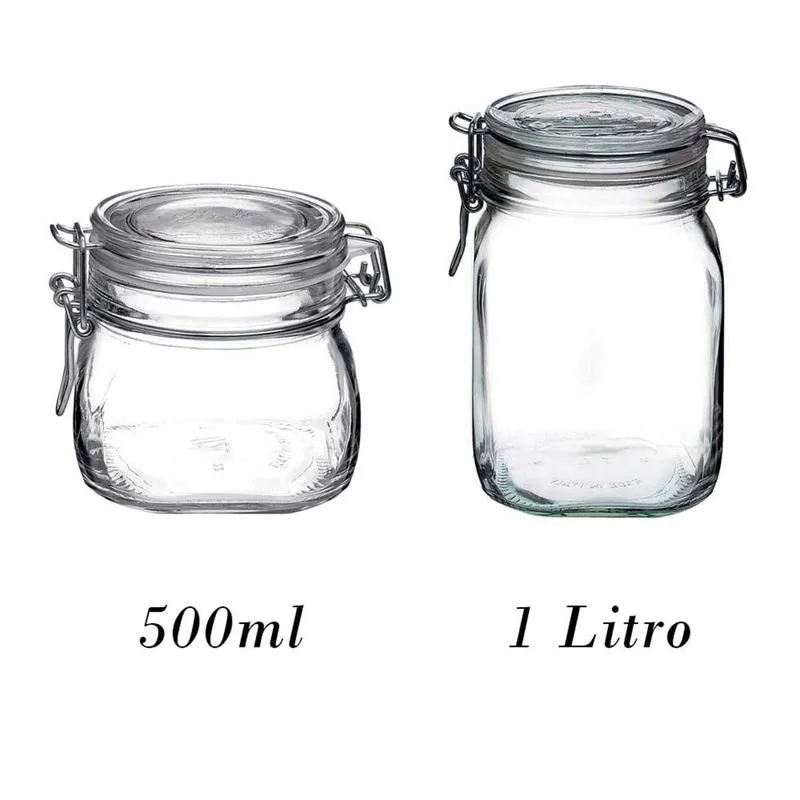 2 Potes de vidro hermético com tampa Fido Rocco Bormioli - 1 500ml + 1 1000ml (1 Litro) para armazenamento