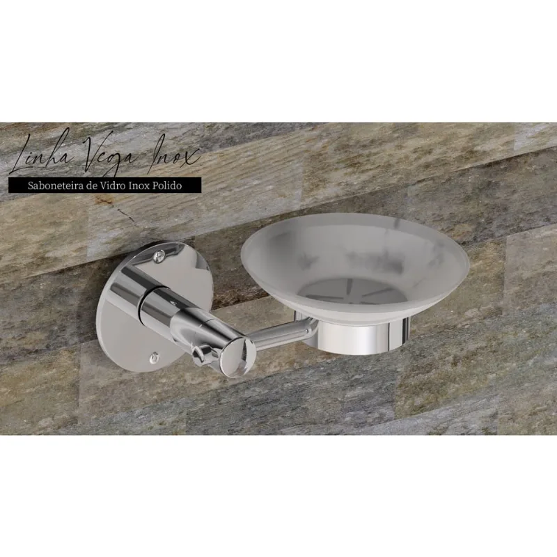 Saboneteira de vidro e base de inox polido