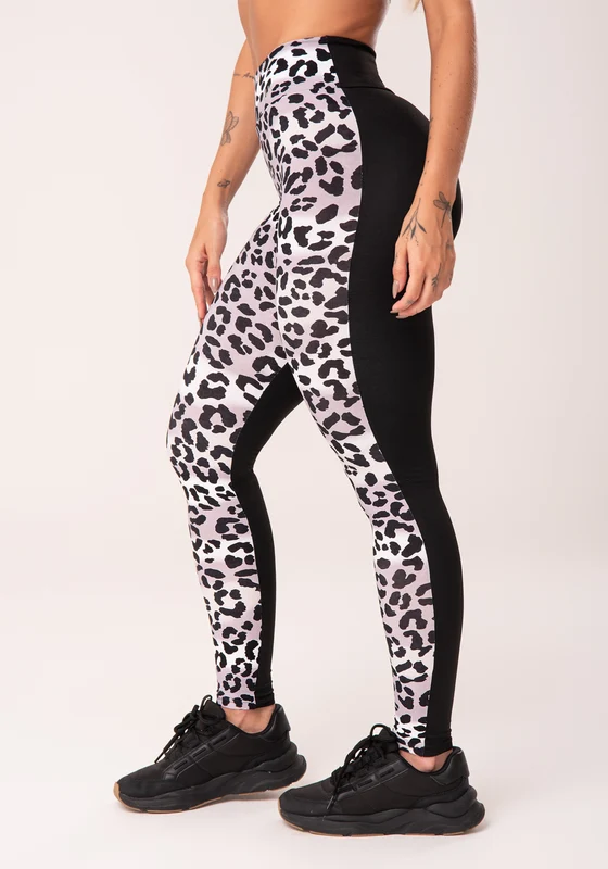 Calça Legging Wild Preta Com Estampa De Leopardo Cinza Dlk ANIMAL PRINT / GG