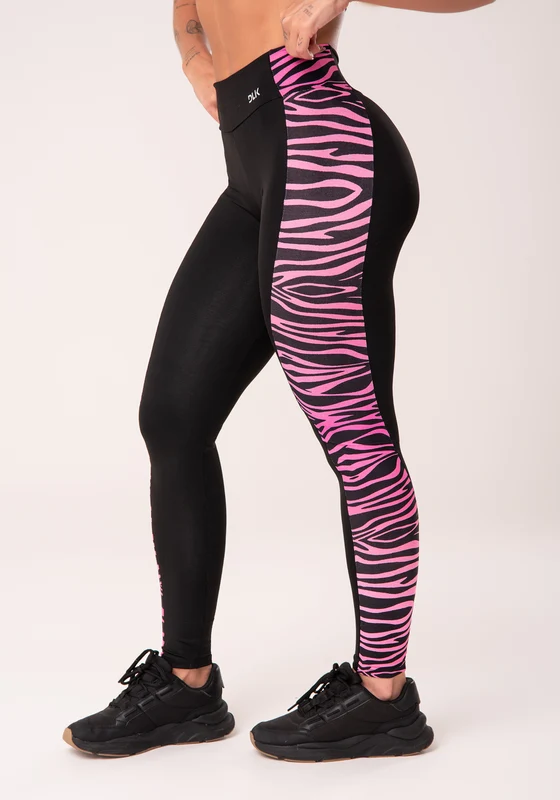 Calça Legging Wild Preta Com Detalhe Lateral De Zebra Rosa Dlk PRETO / GG