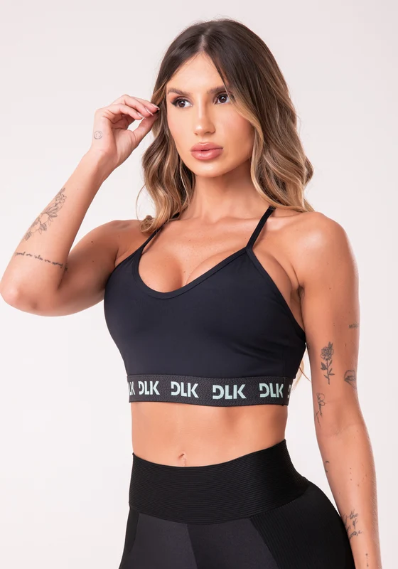 Top De Alcinha Com Elástico Na Base Preto Com Verde Dlk PRETO / M