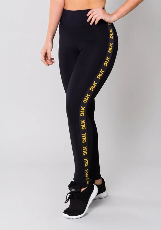 Calça Legging Energy Poliamida Preta Com Elástico Detalhe Amarelo Dlk AMARELO / M