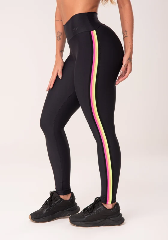 Calça Legging Energy Poliamida Preta Com Elástico Colorido Dlk PRETO / M