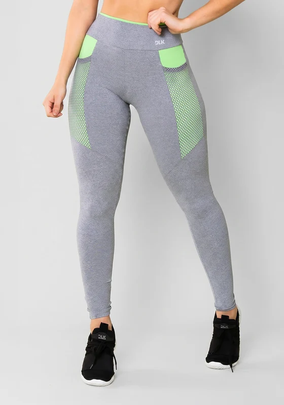 Calça Legging Energy Mescla Com Recorte Verde E Tela Dlk CINZA / G