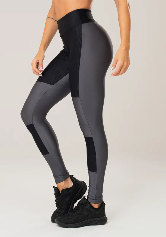 Calça Legging Energy Com Recortes Grafite Brilho E Preto Texturizado Dlk PRETO / G