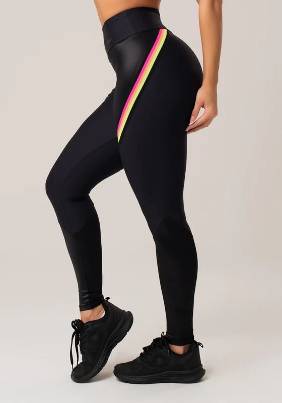 Calça Legging Energy Com Recortes Cirrê Preta E Elástico Colorido Dlk PRETO / M