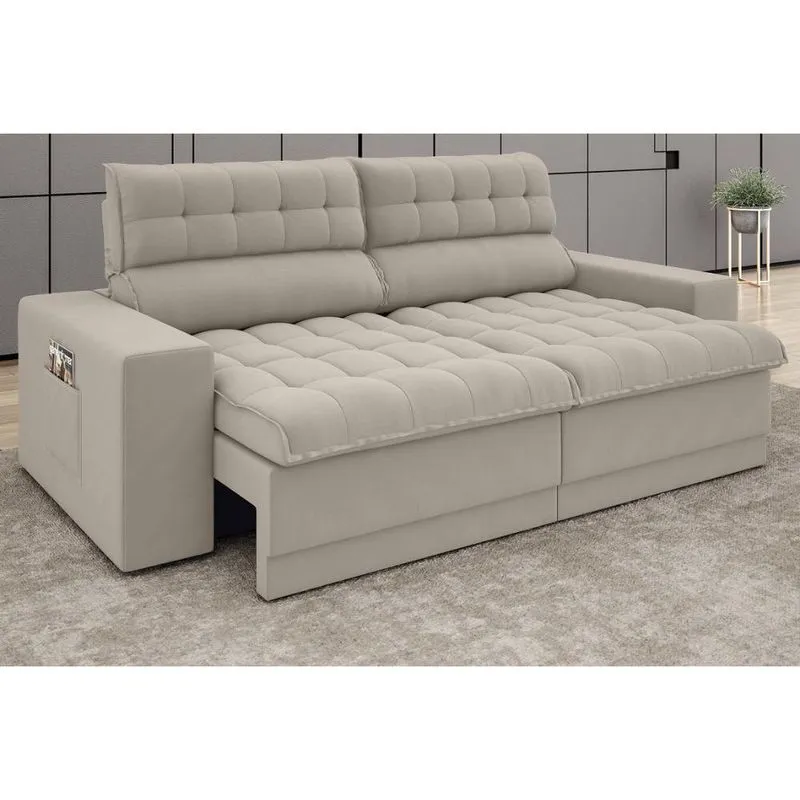 Sofá Omega 2,30m Assento Retrátil e Reclinável Velosuede Areia - netsofas