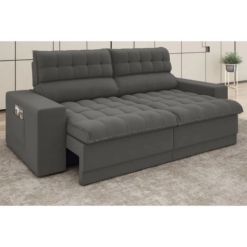 Sofá Omega 2,30m Assento Retrátil e Reclinável Velosuede Cinza - netsofas