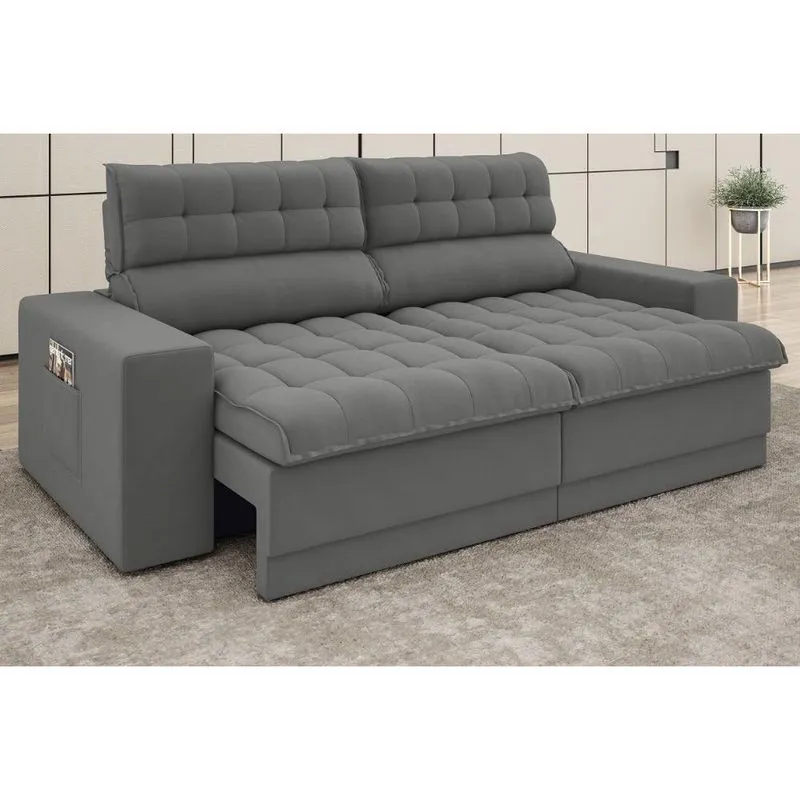 Sofá Omega 2,30m Assento Retrátil e Reclinável Velosuede Grafite - netsofas