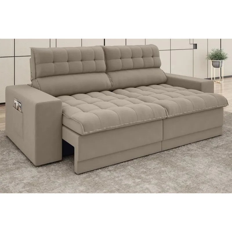 Sofá Omega 2,30m Assento Retrátil e Reclinável Velosuede Capuccino - netsofas