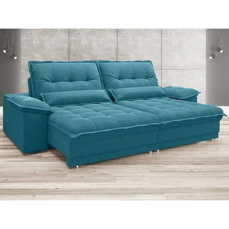 Sofá Bergamo 2,10m Assento Retrátil e Reclinável Velosuede Turquesa - netsofas