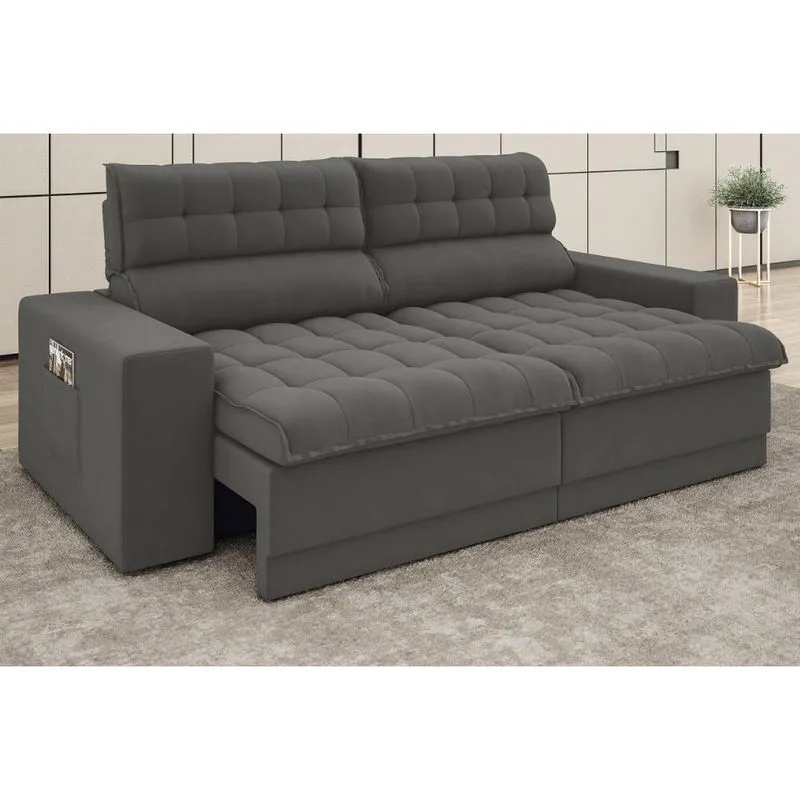 Sofá Omega 2,00m Assento Retrátil e Reclinável Velosuede Cinza - netsofas