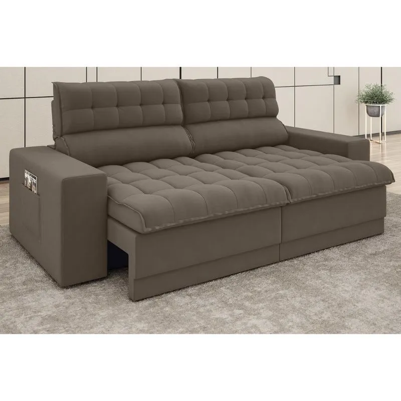 Sofá Omega 2,50m Assento Retrátil e Reclinável Velosuede Marrom - netsofas