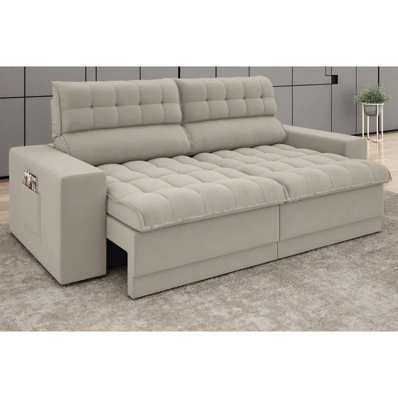 Sofá Omega 2,50m Assento Retrátil e Reclinável Velosuede Areia - netsofas