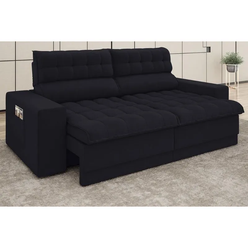 Sofá Omega 2,50m Assento Retrátil e Reclinável Velosuede Preto - netsofas