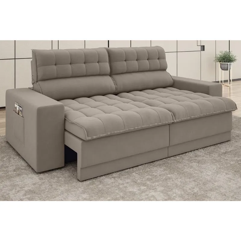 Sofá Omega 2,50m Assento Retrátil e Reclinável Velosuede Bege - netsofas