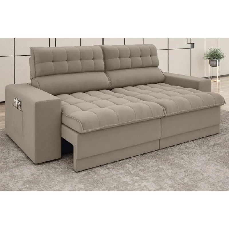 Sofá Omega 2,50m Assento Retrátil e Reclinável Velosuede Capuccino - netsofas