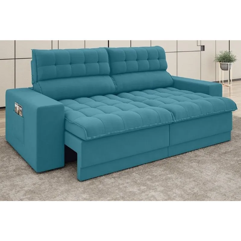 Sofá Omega 2,50m Assento Retrátil e Reclinável Velosuede Turquesa - netsofas