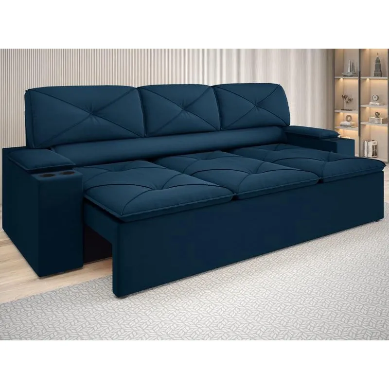 Sofá com Porta Copos Retrátil e Reclinável Pop 2,05m Velosuede Petroleo - netsofas