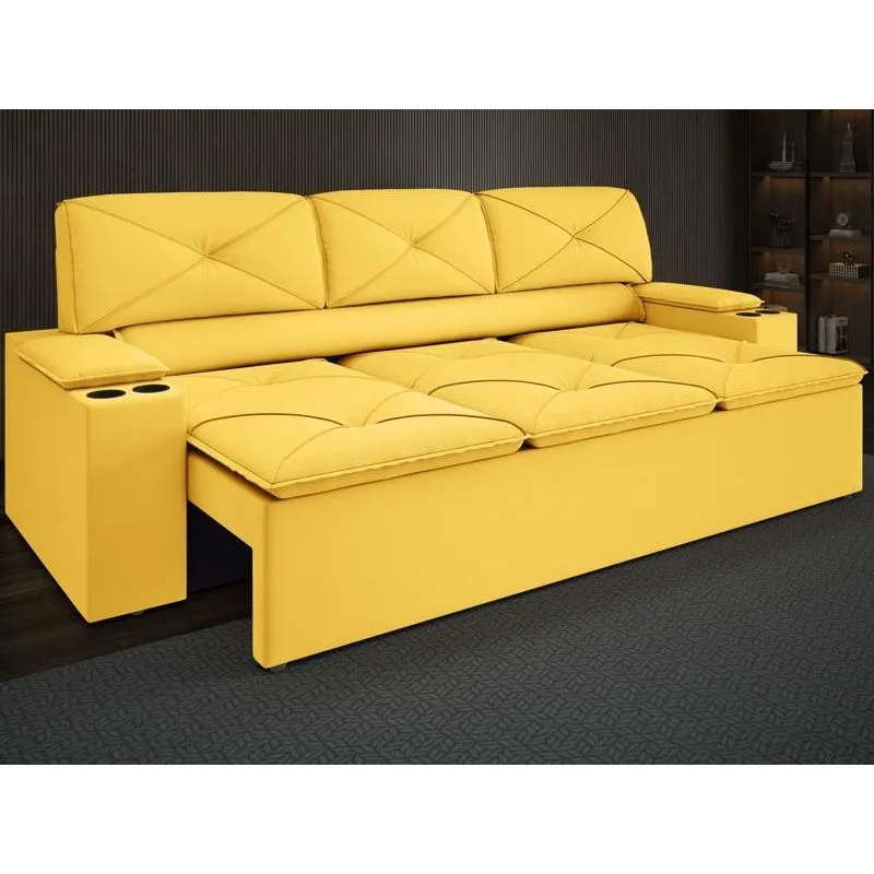 Sofá Com Porta Copos Retrátil E Reclinável Pop 2,05m Velosuede Canario - Netsofas