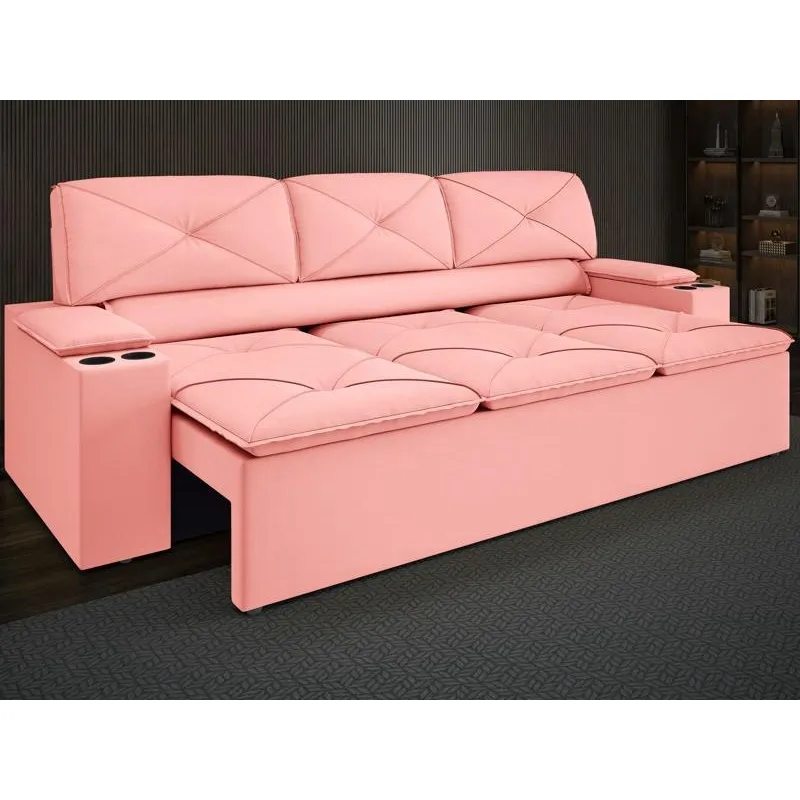 Sofá com Porta Copos Retrátil e Reclinável Pop 2,05m Velosuede Rose - netsofas